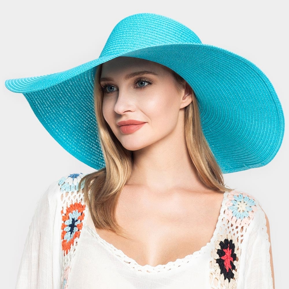 Aqua Straw Sun Hat Brim Simple Casual Womens Beach Vacation Fashion Accessory
